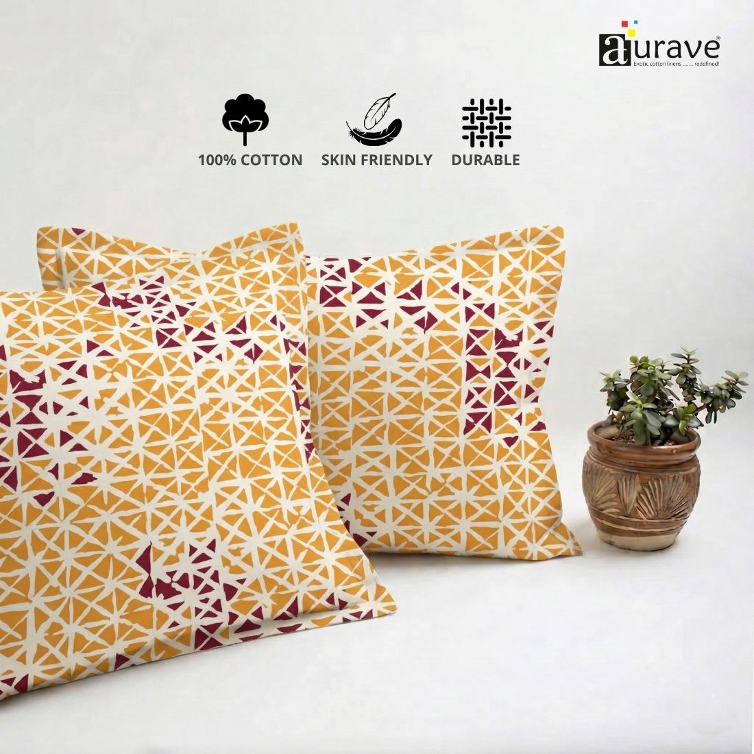 Printed Geometrical 2 Pcs Cotton Pillow Cover Set - Mustard