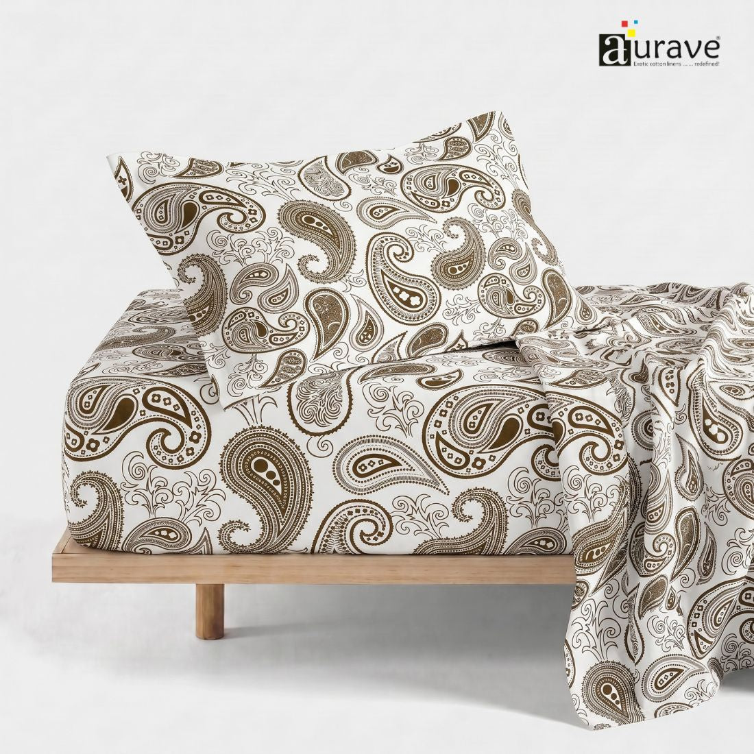 Printed Cotton Paisely 144 TC Bedsheet with Pillow Covers - Brown