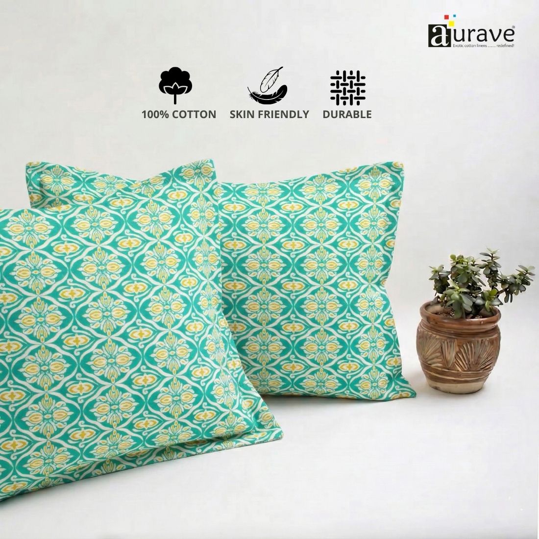 Printed Ikat 2 Pcs Cotton Pillow Cover Set - Aqua
