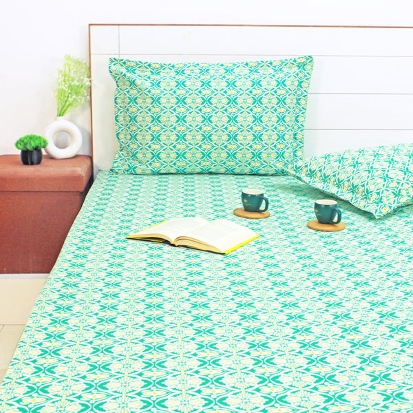 Printed Ikat Cotton 144 TC Fitted Bedsheet with Pillow Covers - Aqua Green