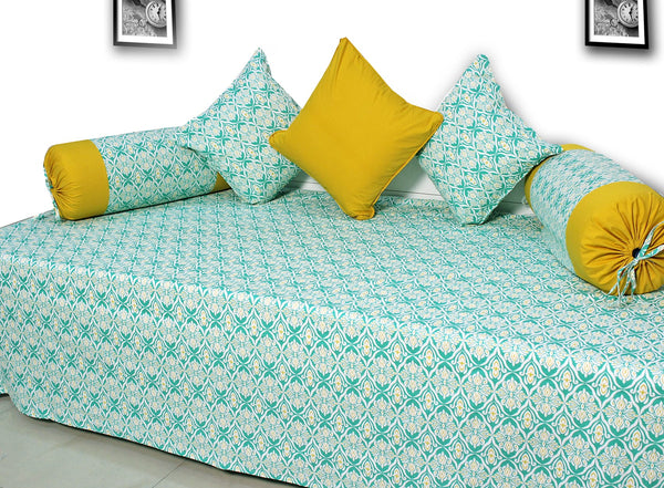Prism Printed Floral 144 TC 6 Pcs Cotton Diwan Set - Aqua