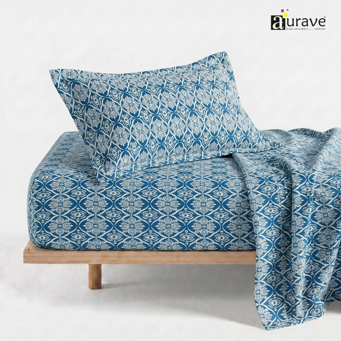 Printed Cotton Ikat 144 TC Bedsheet with Pillow Covers - Navy Blue