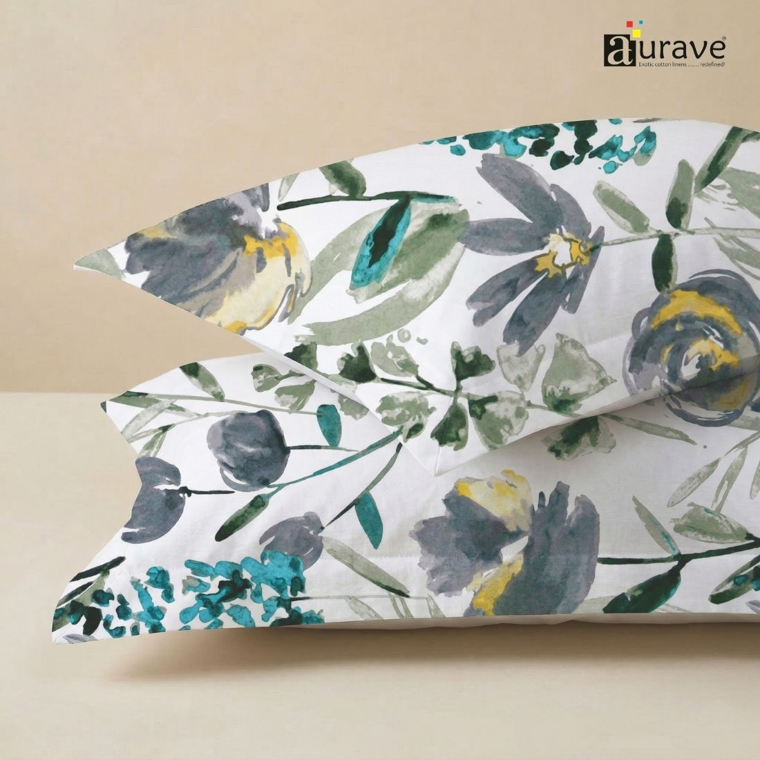 Printed Floral 2 Pcs Cotton Pillow Cover Set - Aqua