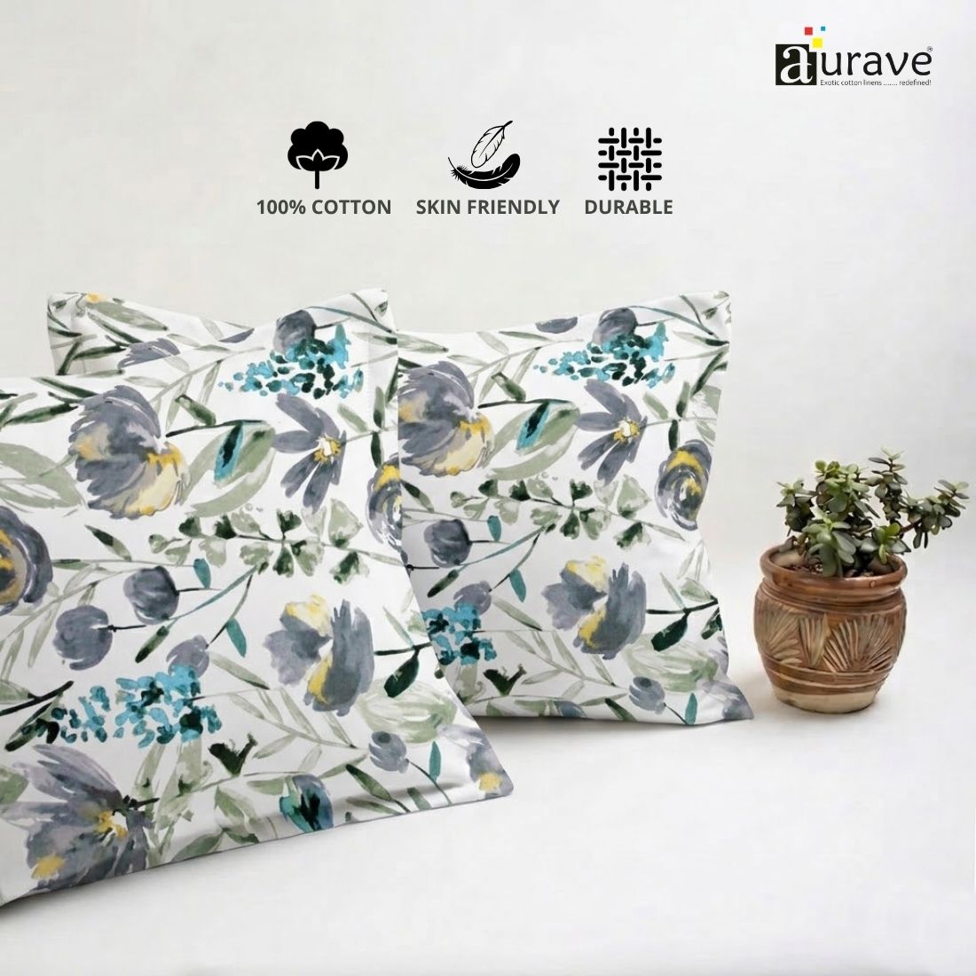 Printed Floral 2 Pcs Cotton Pillow Cover Set - Aqua