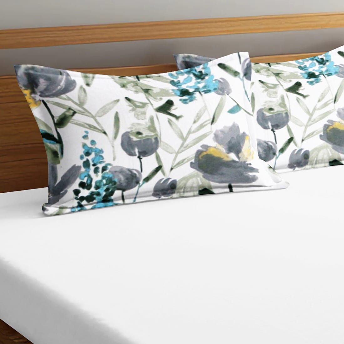 Printed Floral Cotton 144 TC Fitted Bedsheet - Aqua