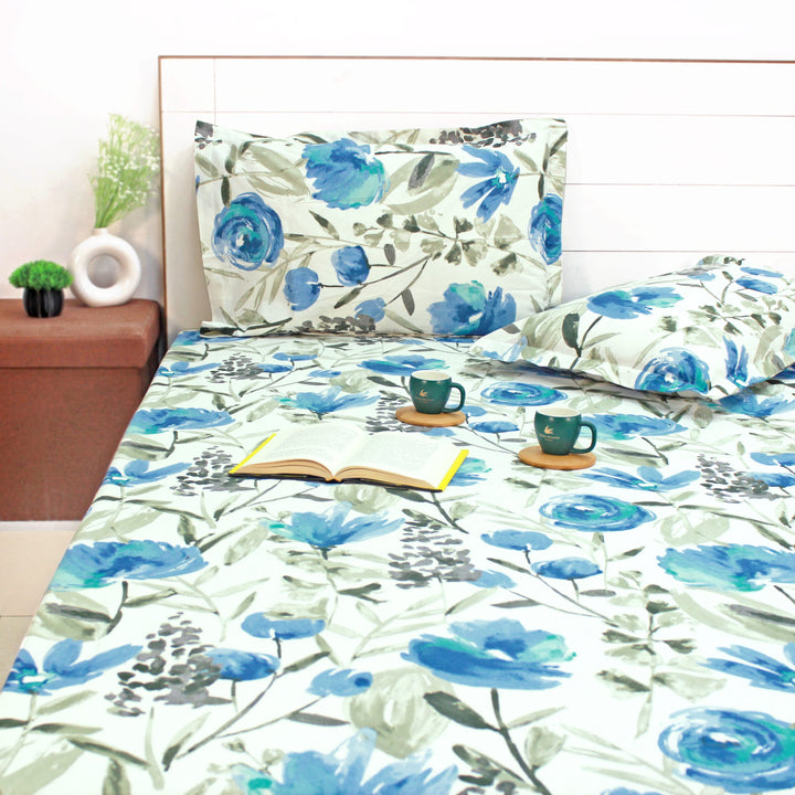 Printed Floral Cotton 144 TC Fitted Bedsheet with Pillow Covers - Blue