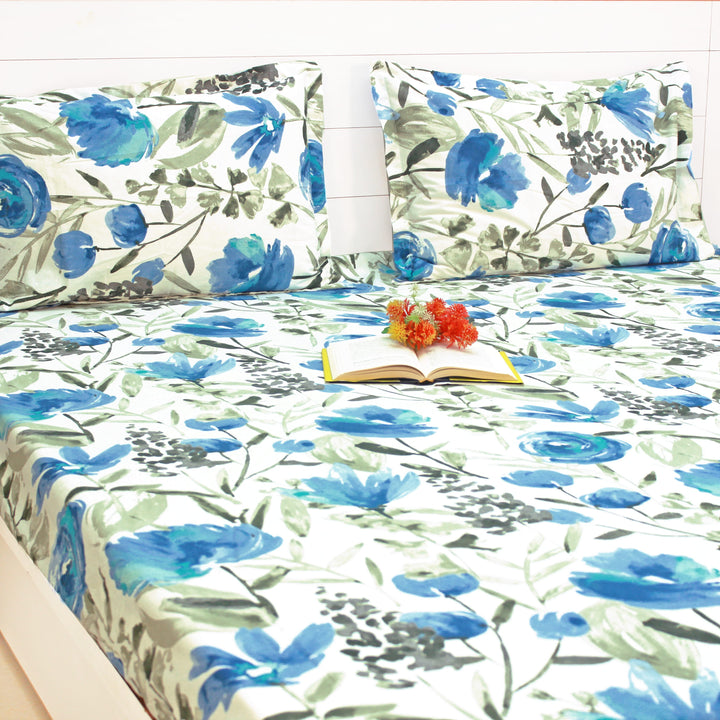 Printed Floral Cotton 144 TC Fitted Bedsheet with Pillow Covers - Blue