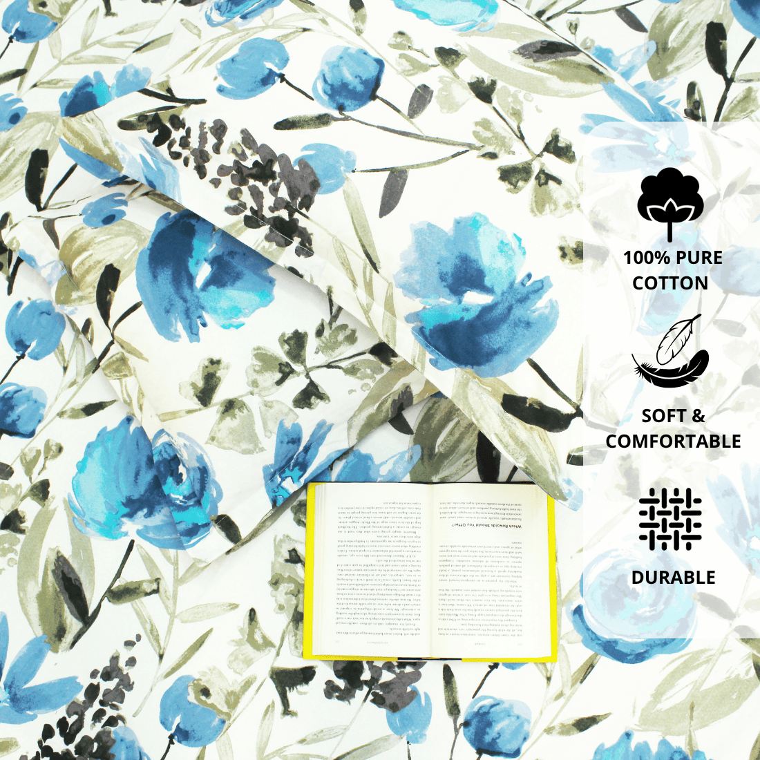 Close up Printed Floral Cotton 144 TC Fitted Bedsheet with Pillow Covers - Blue