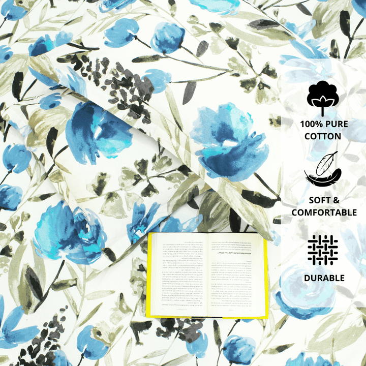 Close up Printed Floral Cotton 144 TC Fitted Bedsheet with Pillow Covers - Blue
