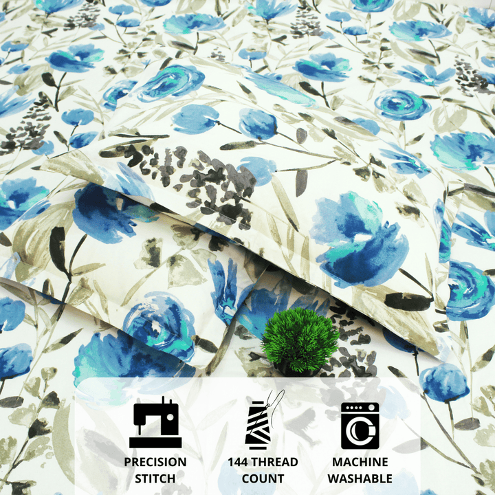 Printed Floral Cotton 144 TC Fitted Bedsheet with Pillow Covers - Blue