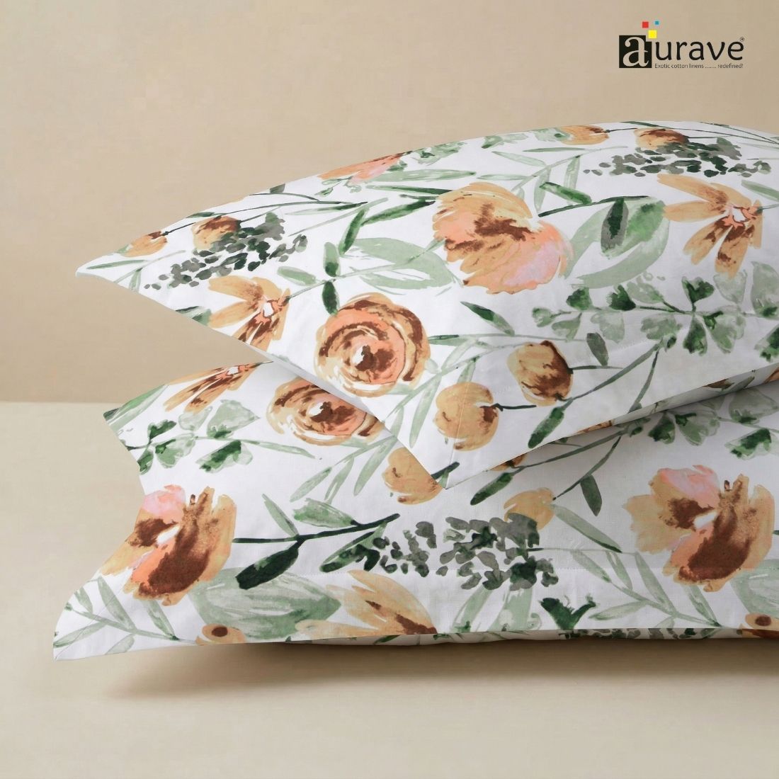 Printed Floral 2 Pcs Cotton Pillow Cover Set - Brown
