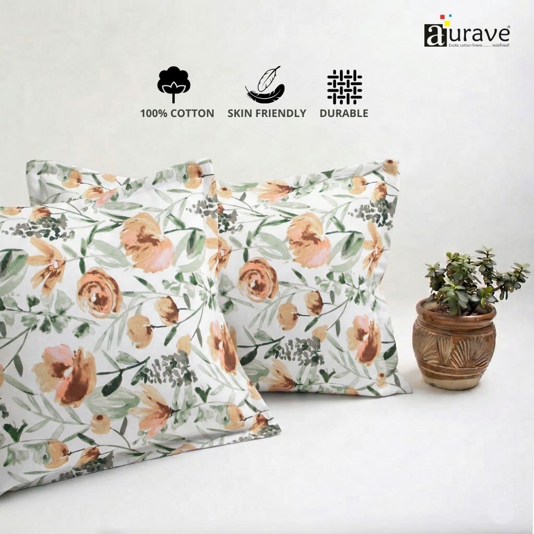 Printed Floral 2 Pcs Cotton Pillow Cover Set - Brown