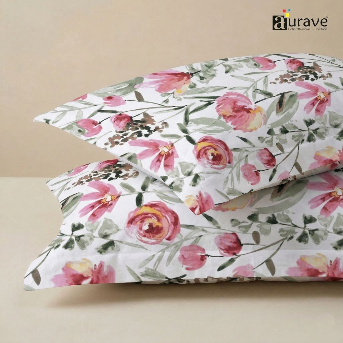 Printed Floral 2 Pcs Cotton Pillow Cover Set - Magenta