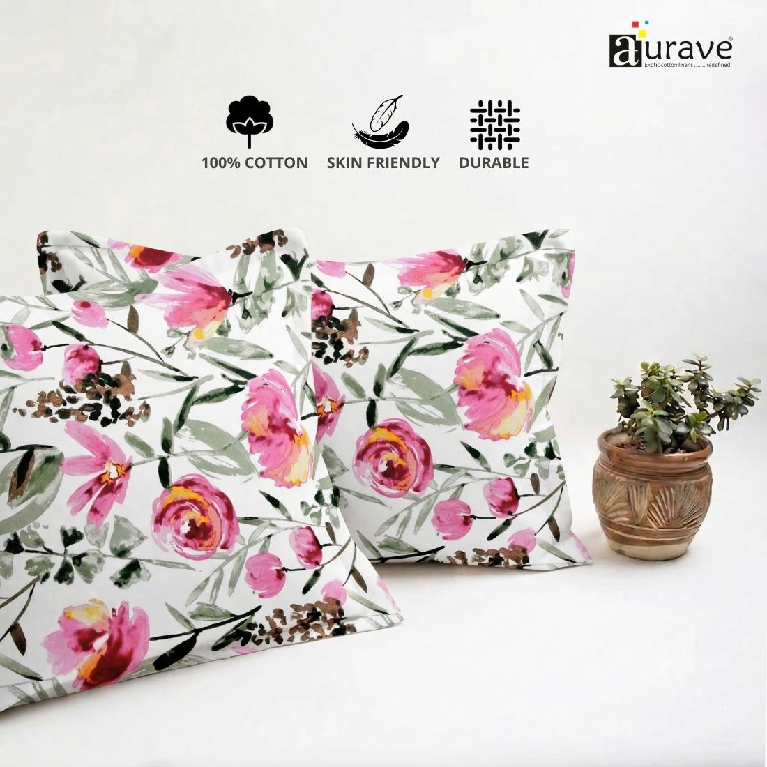 Printed Floral 2 Pcs Cotton Pillow Cover Set - Magenta