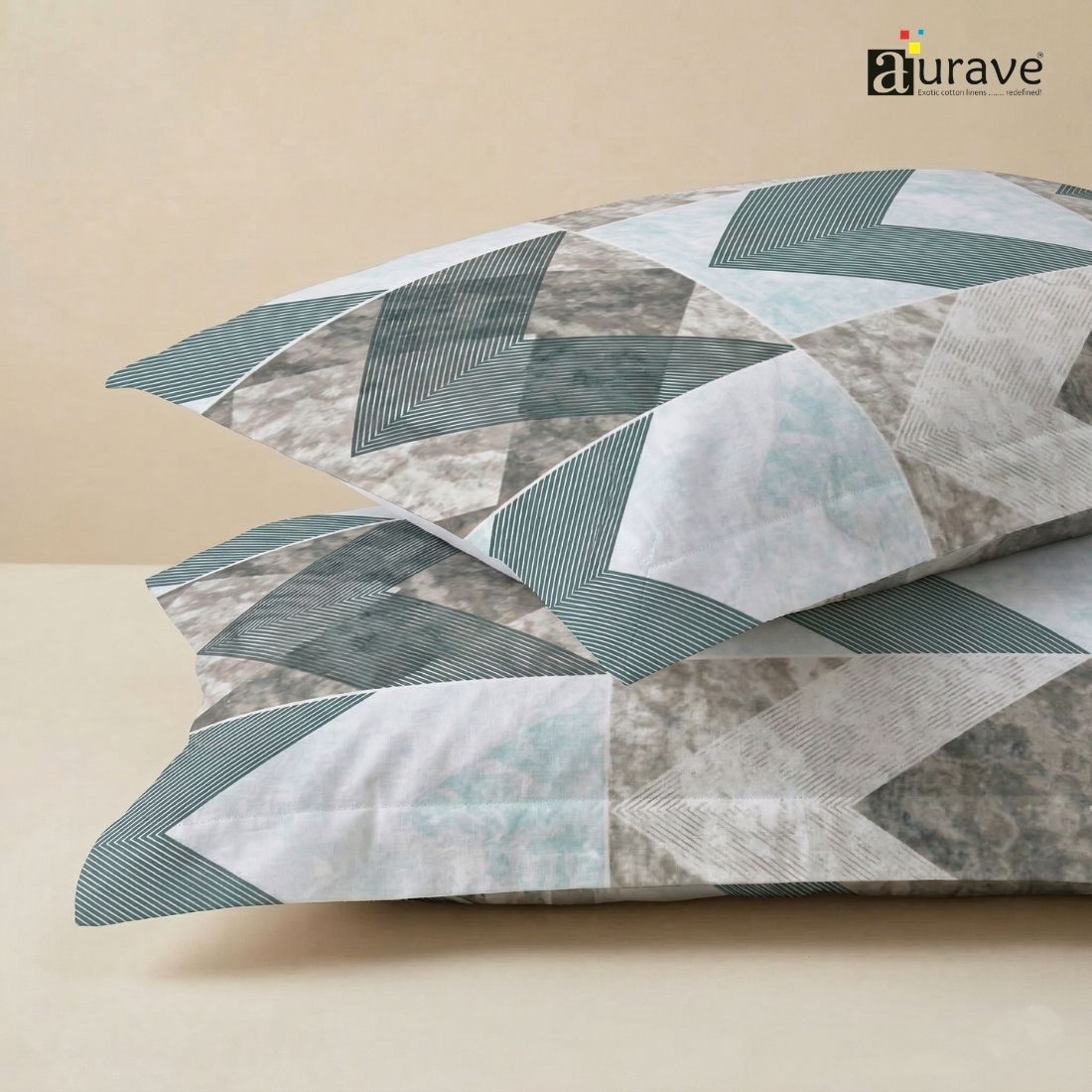 Printed Geometrical 2 Pcs Cotton Pillow Cover Set - Blue