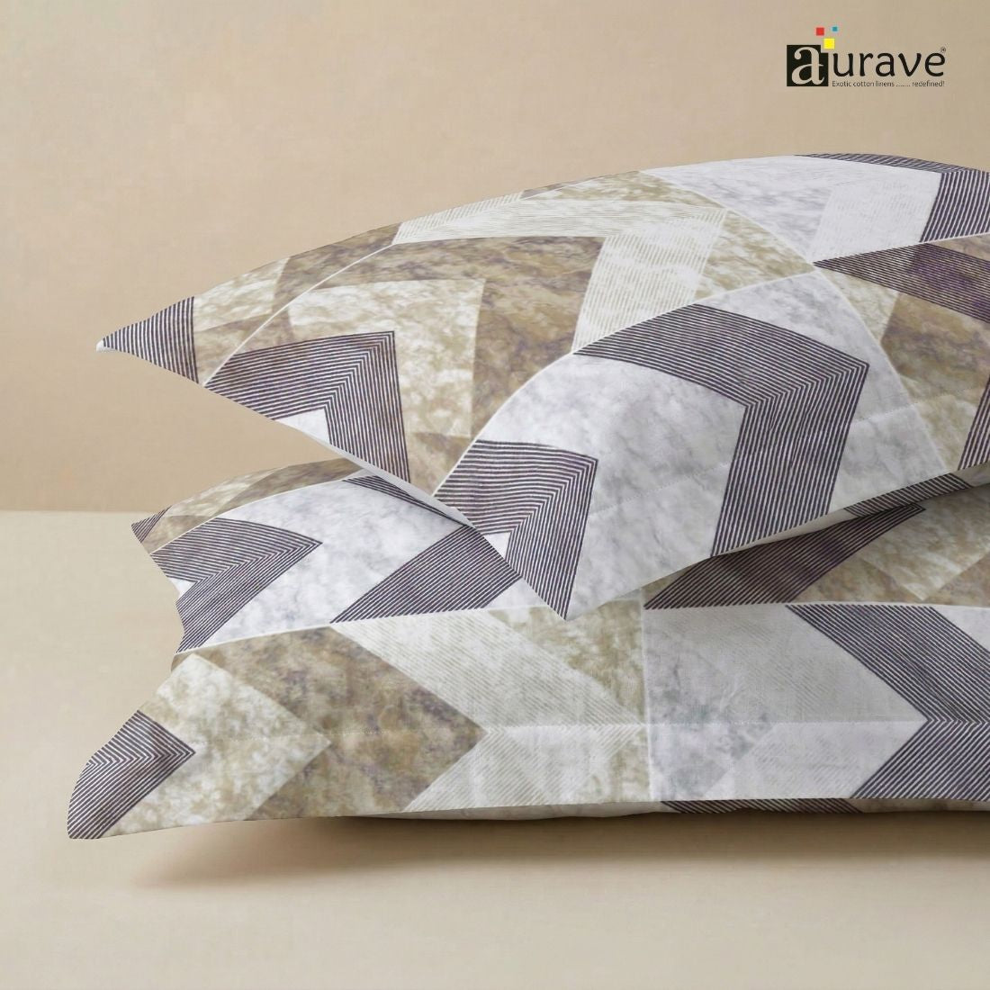 Printed Geometrical 2 Pcs Cotton Pillow Cover Set - Brown