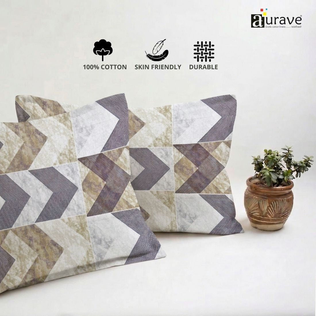 Printed Geometrical 2 Pcs Cotton Pillow Cover Set - Brown