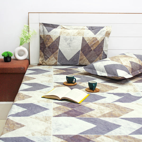 Printed Geometrical Cotton 144 TC Fitted Bedsheet with Pillow Covers - Brown