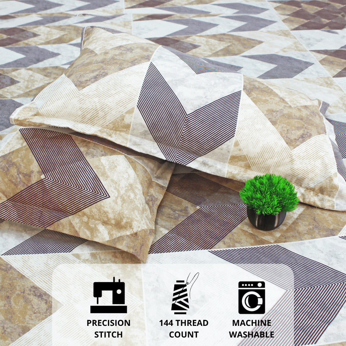Close up Printed Geometrical Cotton 144 TC Fitted Bedsheet with Pillow Covers - Brown