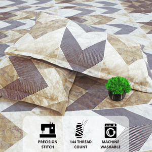 Close up Printed Geometrical Cotton 144 TC Fitted Bedsheet with Pillow Covers - Brown
