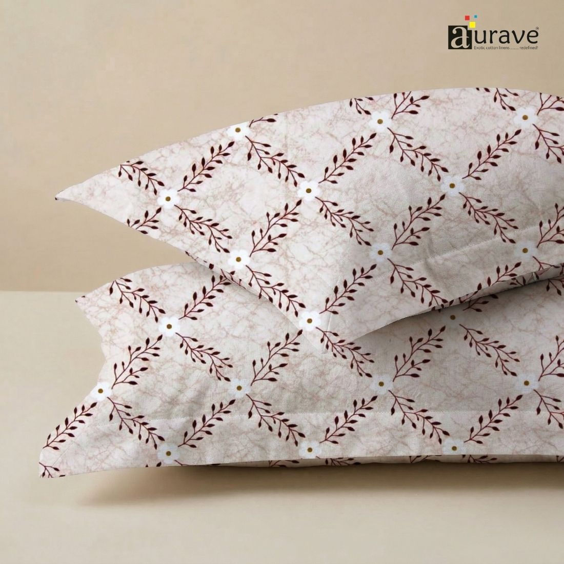 Printed Floral 2 Pcs Cotton Pillow Cover Set - Coffee
