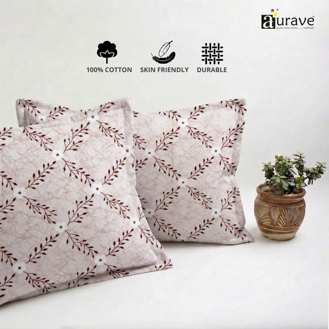 Printed Floral 2 Pcs Cotton Pillow Cover Set - Coffee
