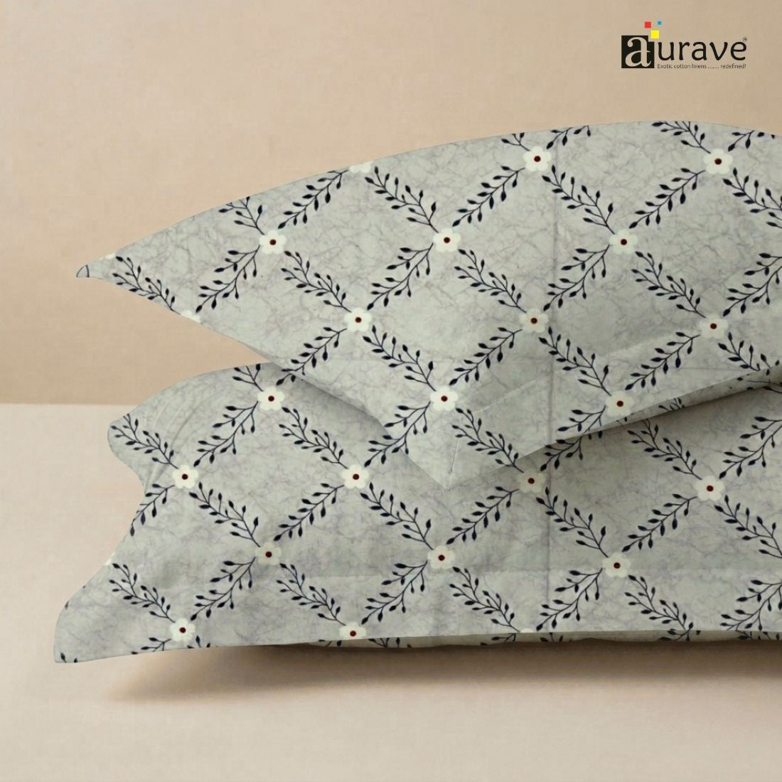 Printed Floral 2 Pcs Cotton Pillow Cover Set - Grey