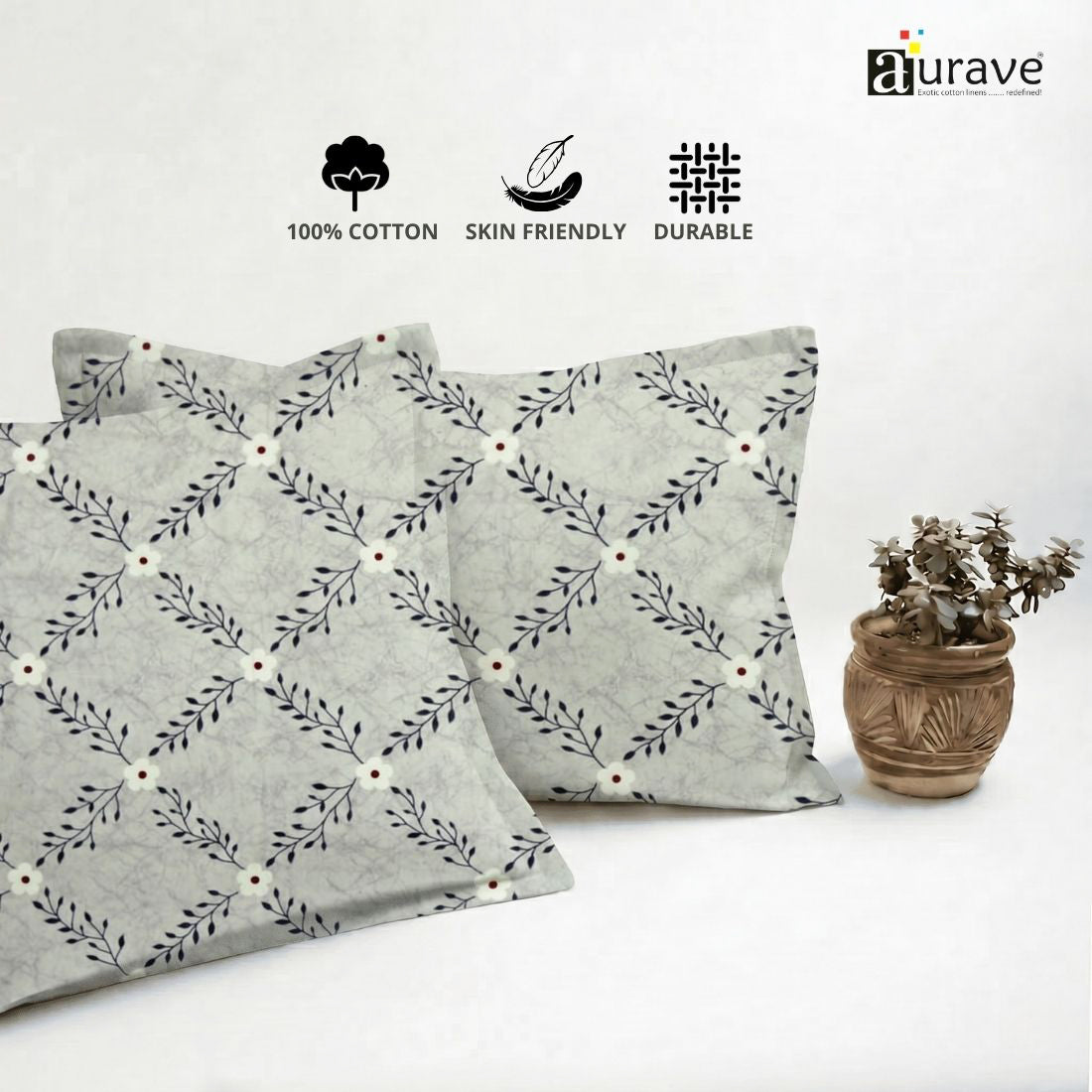 Printed Floral 2 Pcs Cotton Pillow Cover Set - Grey