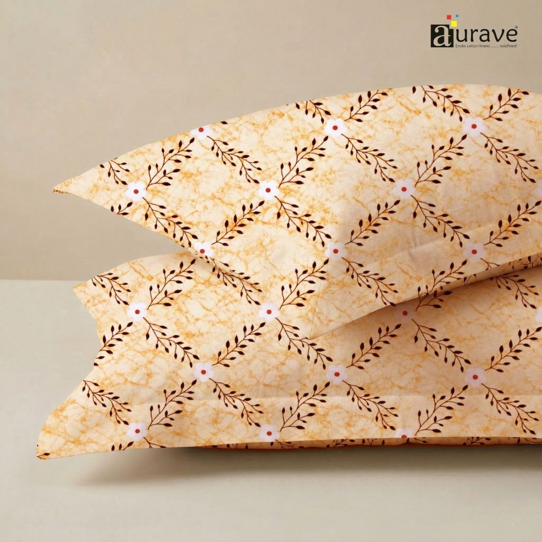 Printed Floral 2 Pcs Cotton Pillow Cover Set - Yellow