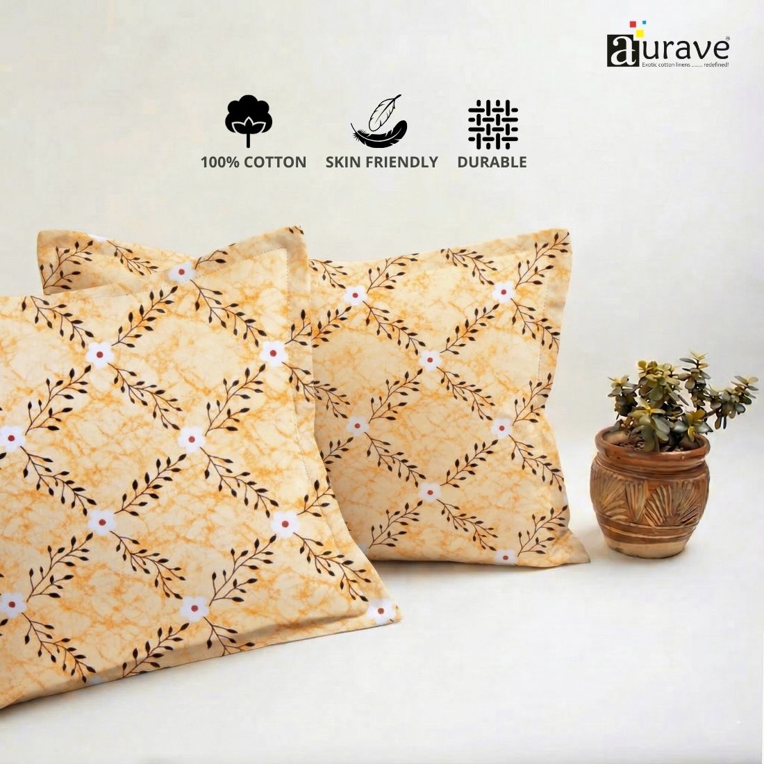 Printed Floral 2 Pcs Cotton Pillow Cover Set - Yellow