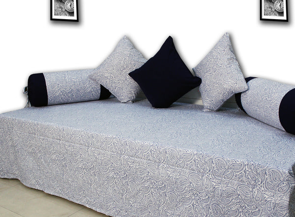 Prism Printed Paisley 144 TC 6 Pcs Cotton Diwan Set - Blue