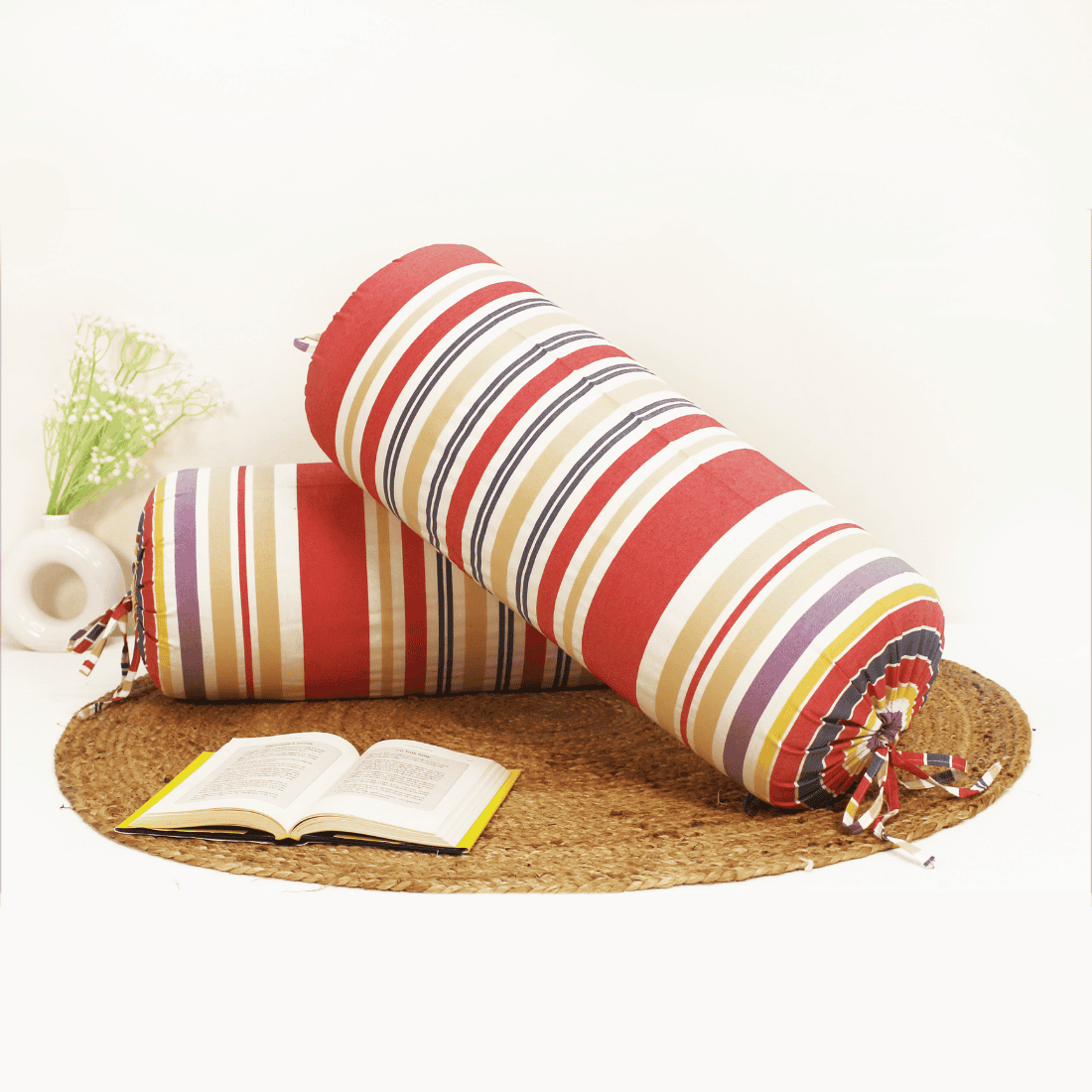 Printed Stripes Cotton 2 Pcs Bolster Cover set - Red