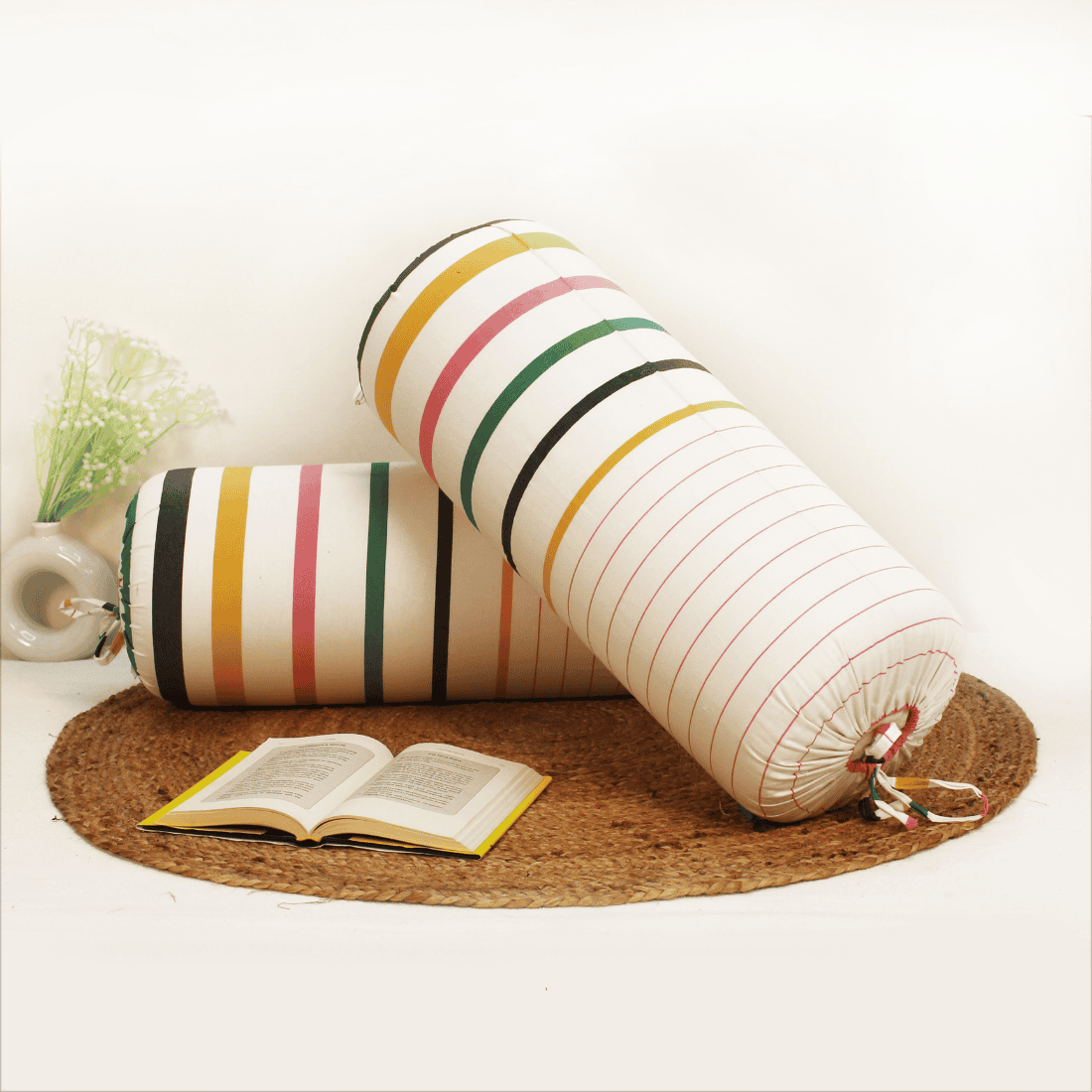 Printed Stripes Cotton 2 Pcs Bolster Cover set - Multicolor