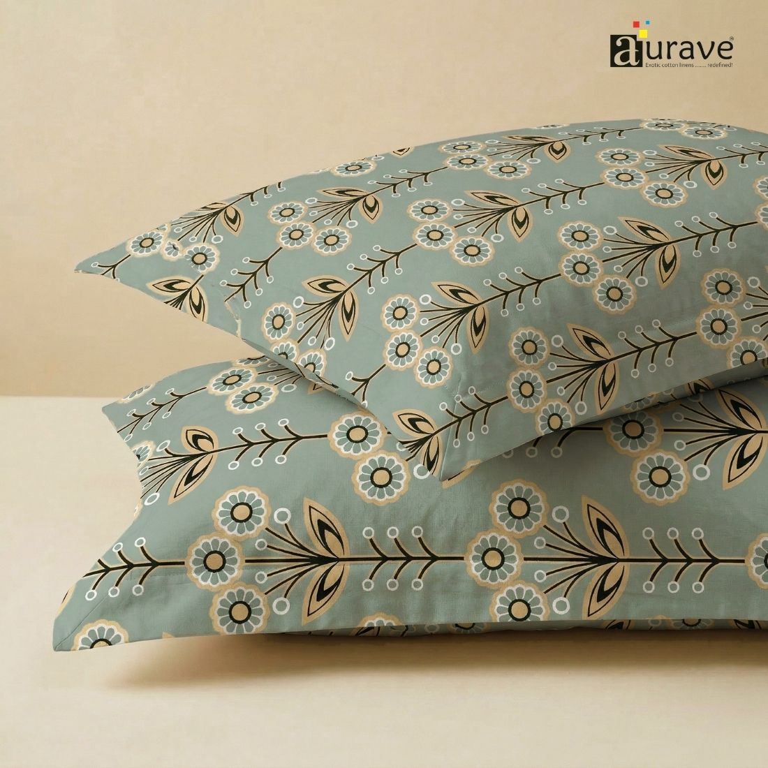 Printed Floral 2 Pcs Cotton Pillow Cover Set - Green