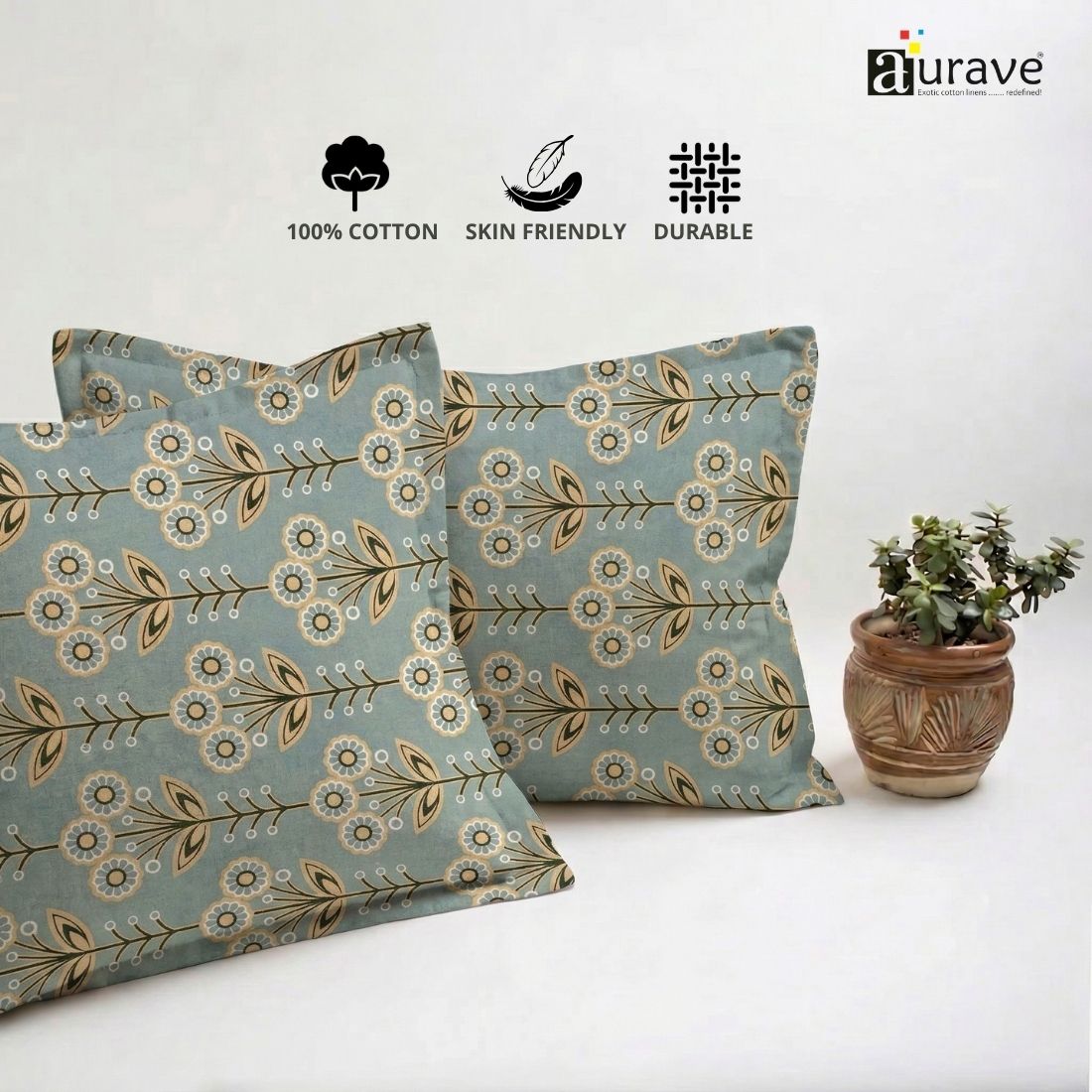 Printed Floral 2 Pcs Cotton Pillow Cover Set - Green