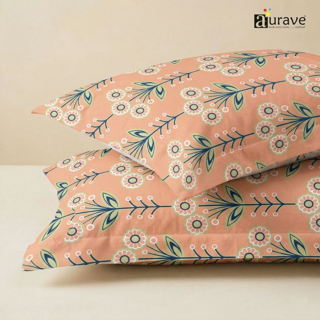 Printed Floral 2 Pcs Cotton Pillow Cover Set - Peach