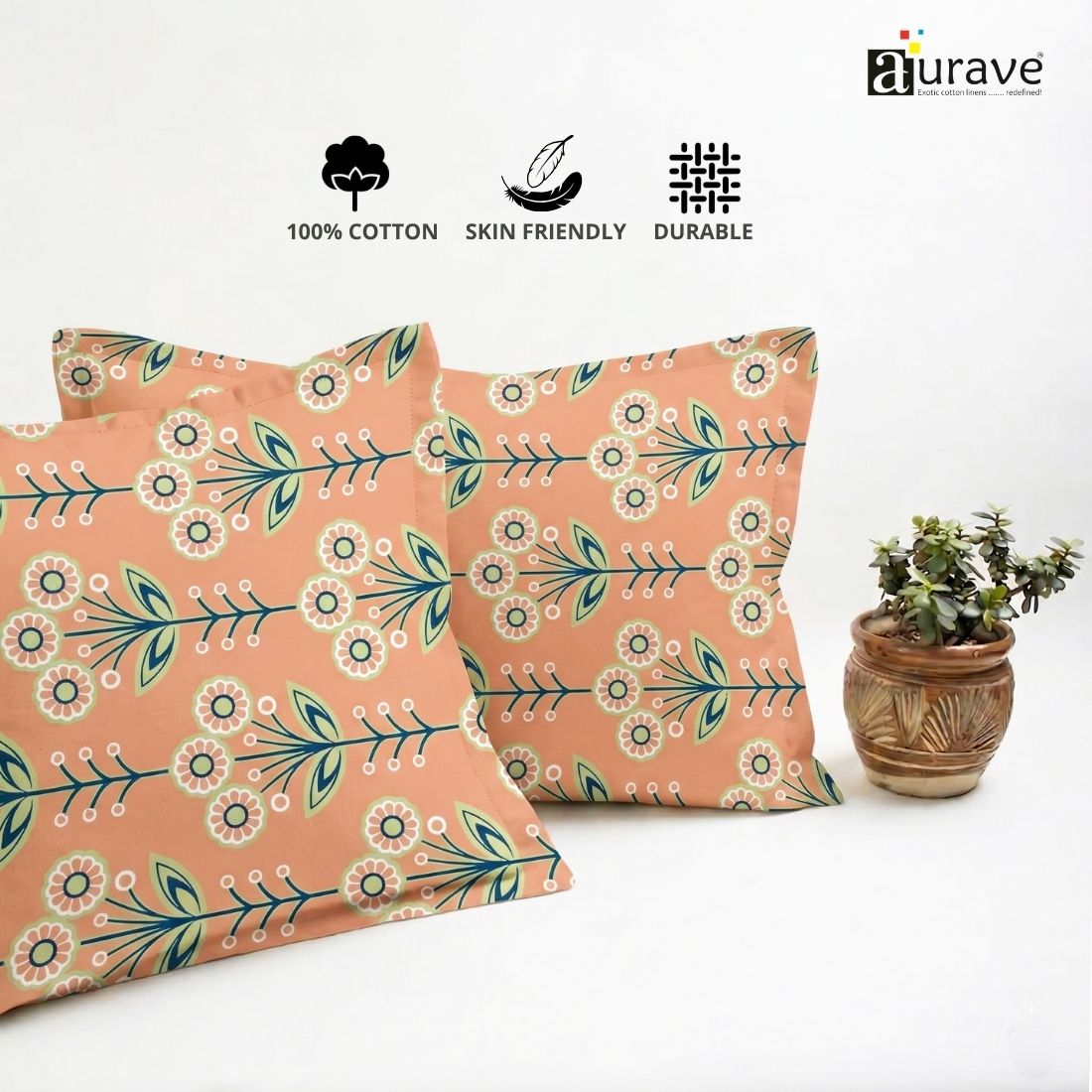 Printed Floral 2 Pcs Cotton Pillow Cover Set - Peach