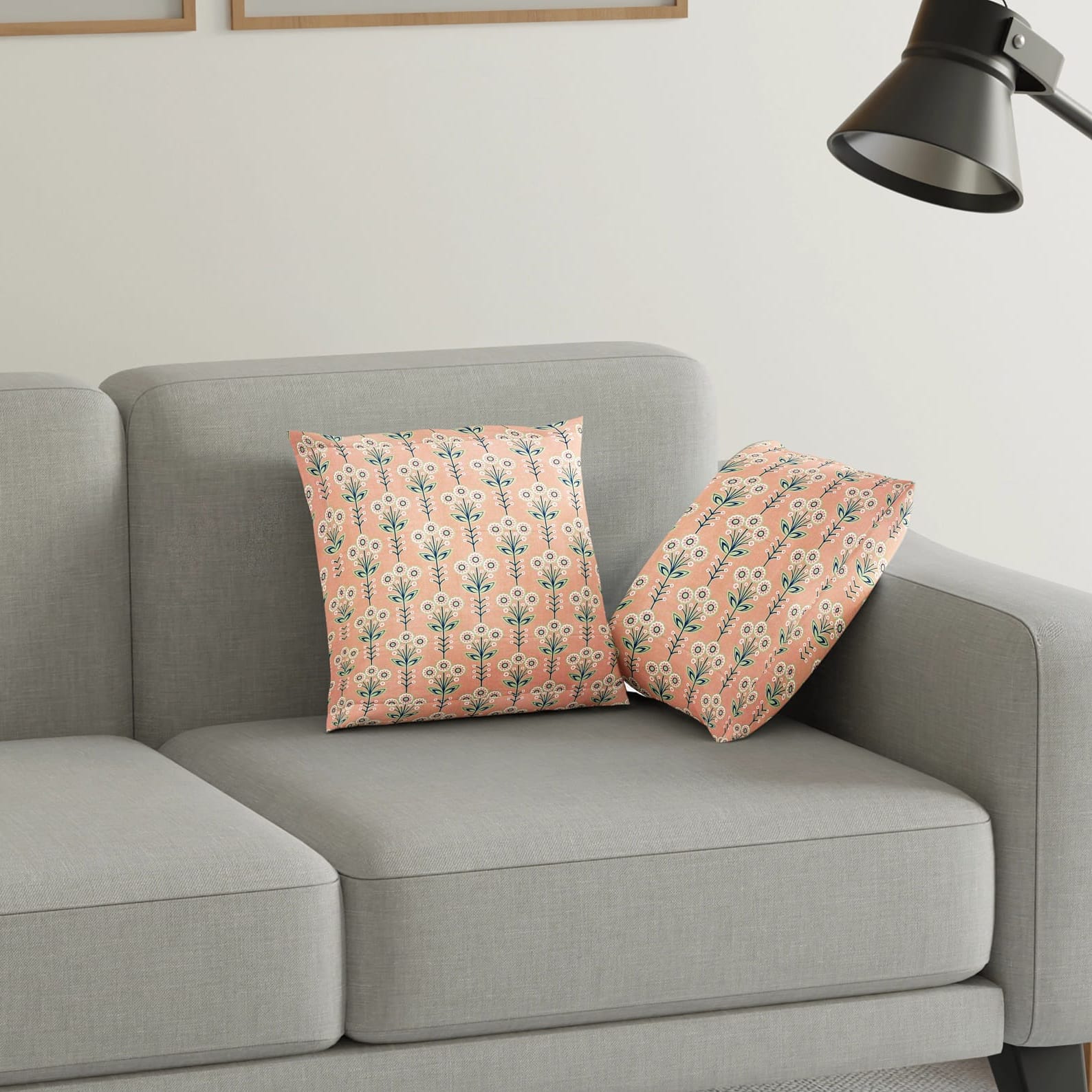 Printed Geometrical Cotton Cushion Cover set - Peach