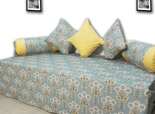 Prism Printed Floral 144 TC 6 Pcs Cotton Diwan Set - Green