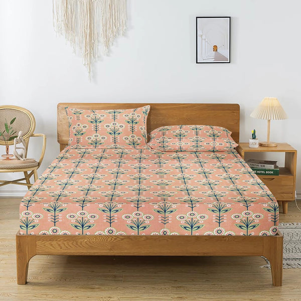 Printed Cotton Floral 144 TC Bedsheet with Pillow Covers - Peach