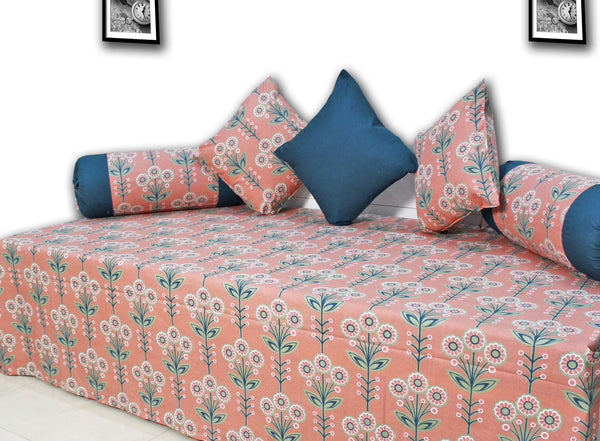 Prism Printed Floral 144 TC 6 Pcs Cotton Diwan Set - Peach