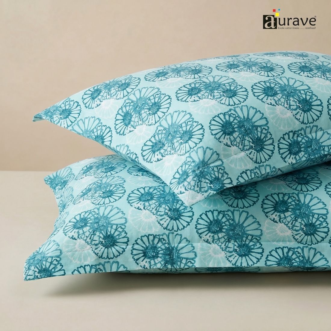 Printed Floral 2 Pcs Cotton Pillow Cover Set - Blue