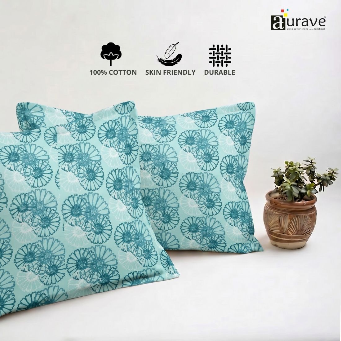 Printed Floral 2 Pcs Cotton Pillow Cover Set - Blue