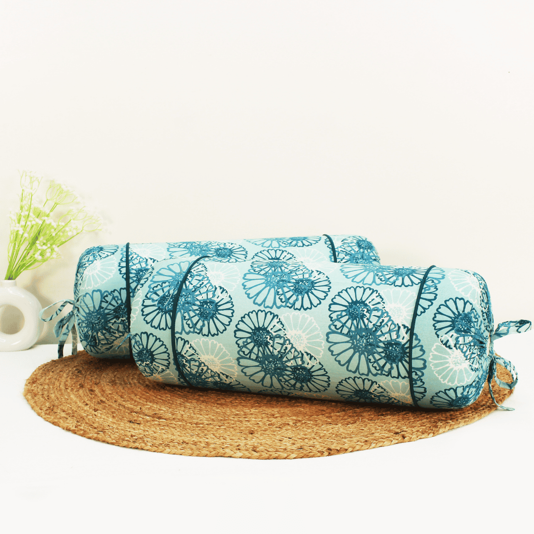 Printed Floral Cotton 2 Pcs Bolster Cover set - Blue