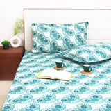 Printed Floral Cotton 144 TC Fitted Bedsheet with Pillow Covers - Blue