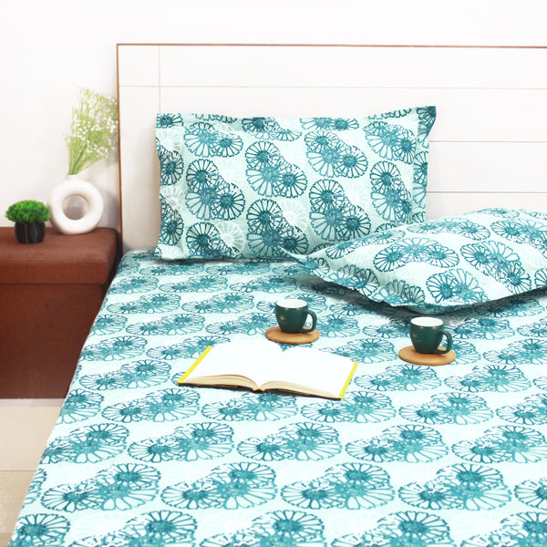 Printed Floral Cotton 144 TC Fitted Bedsheet with Pillow Covers - Blue