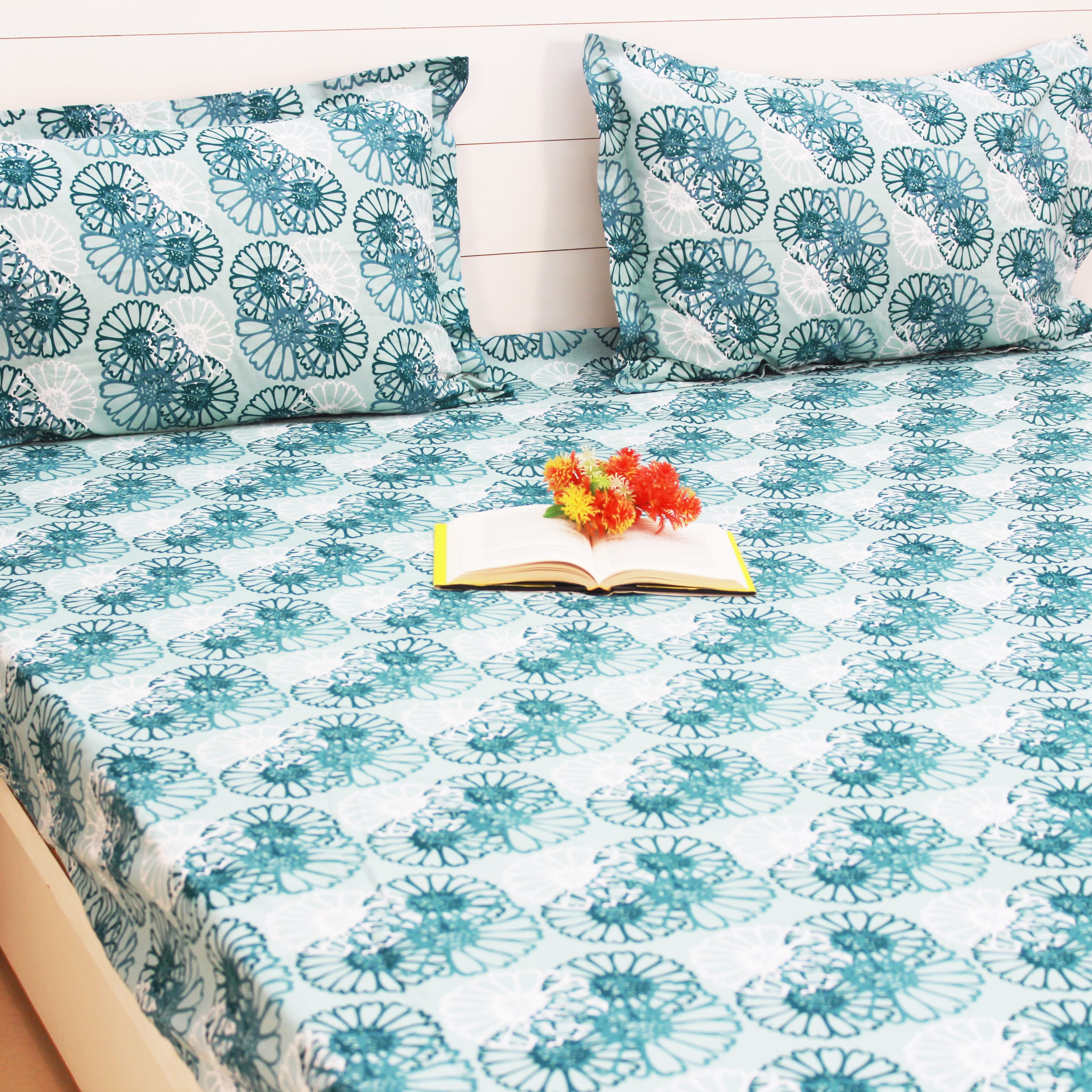 Printed Floral Cotton 144 TC Fitted Bedsheet with Pillow Covers - Blue
