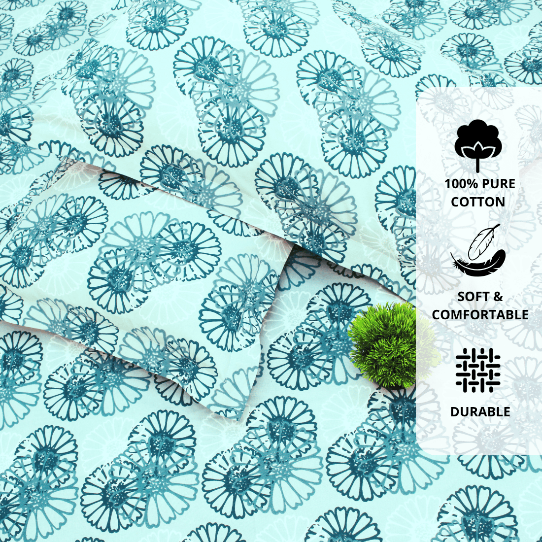Close up Printed Floral Cotton 144 TC Fitted Bedsheet with Pillow Covers - Blue