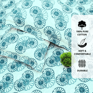Close up Printed Floral Cotton 144 TC Fitted Bedsheet with Pillow Covers - Blue