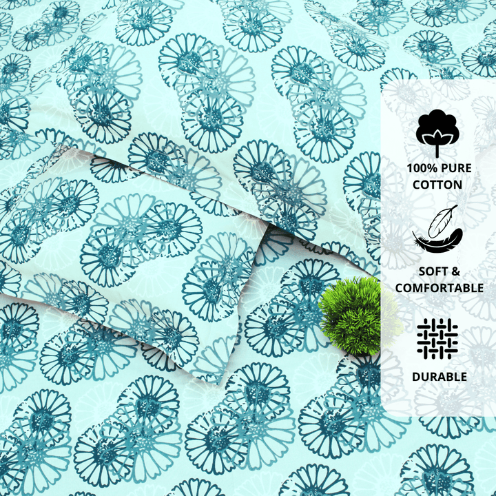 Close up Printed Floral Cotton 144 TC Fitted Bedsheet with Pillow Covers - Blue